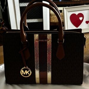 Michael Kors Sheila Medium Signature Logo and Metallic Satchel.